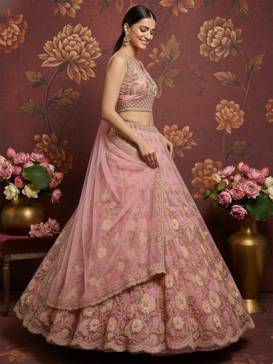Charming Pink Dori Work Net Engagement Wear Lehenga Choli With Dupatta